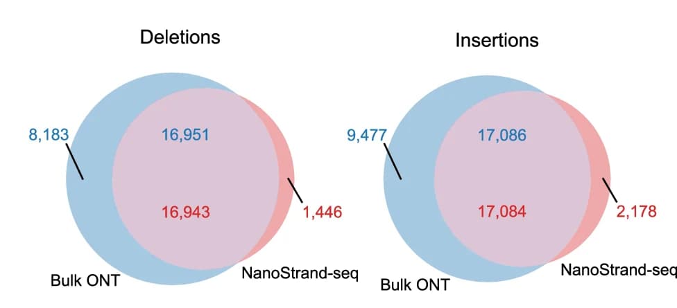 Open access visualization of Venn Diagram, NanoStrand-seq, Deletion Events, Insertion Events, DBA Data