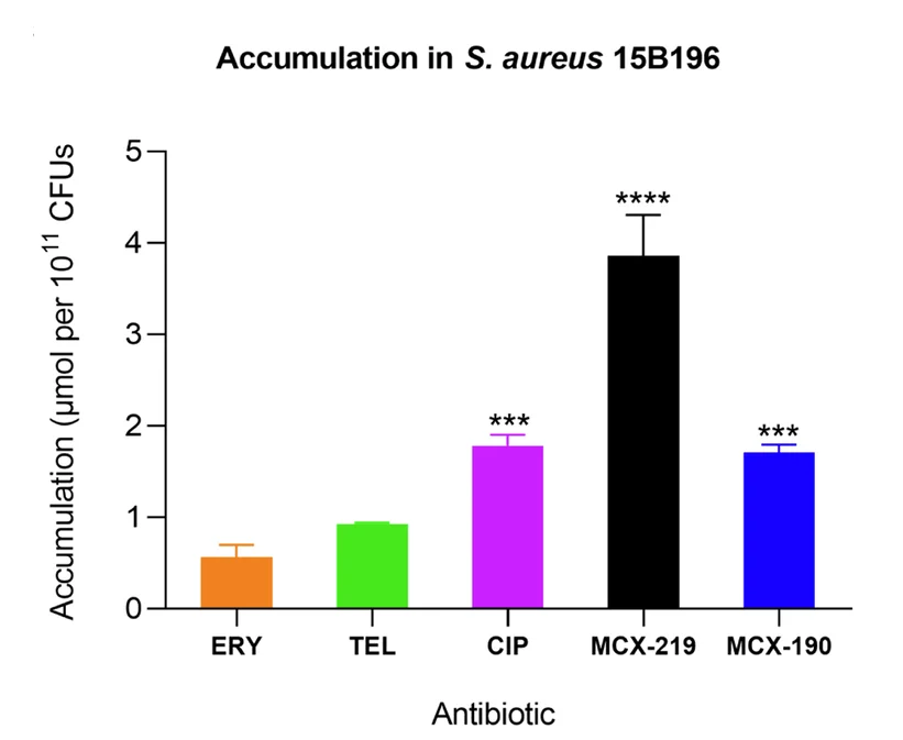 Open access visualization of Bar Plot, Error Bars, Cellular Accumulation, S. aureus, MCX-219