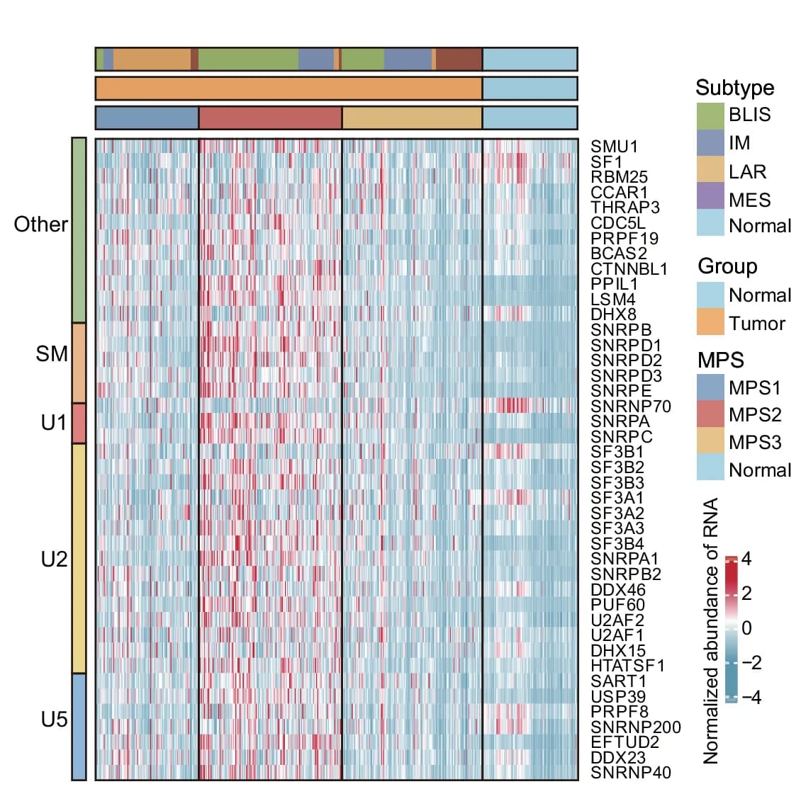 Open access visualization of Heatmap, Bar Plot, Stacked Bar Plot, Gene Expression, Spliceosome Genes