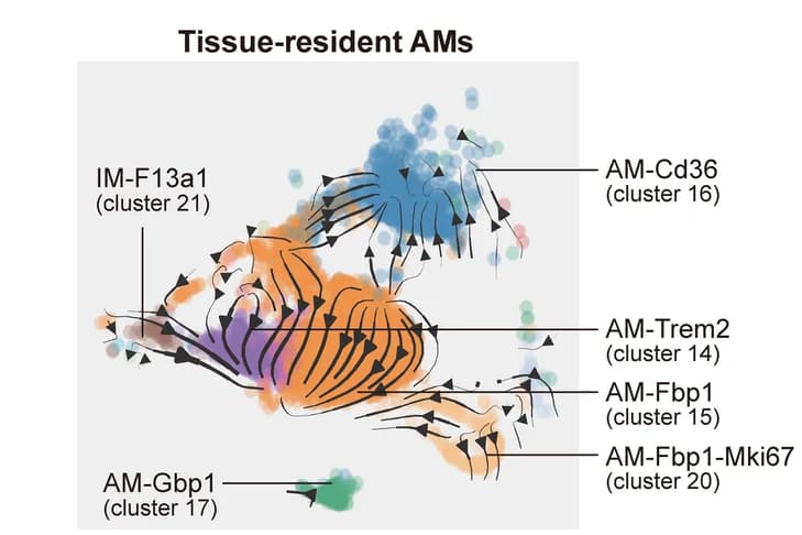 Open access visualization of Scatter Plot, UMAP, RNA Velocity Analysis, AM Subpopulations, State Transitions