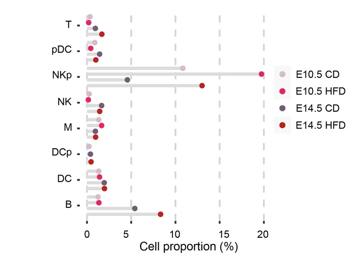 Open access visualization of Bar Plot, Scatter Plot, Immune Cell Types, Maternal-Fetal Interface, Proportions