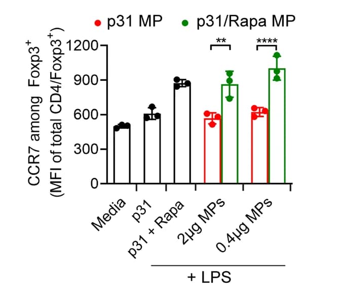 Open access visualization of Bar Plot, Error Bars, Mean fluorescence intensity, CCR7, Treg