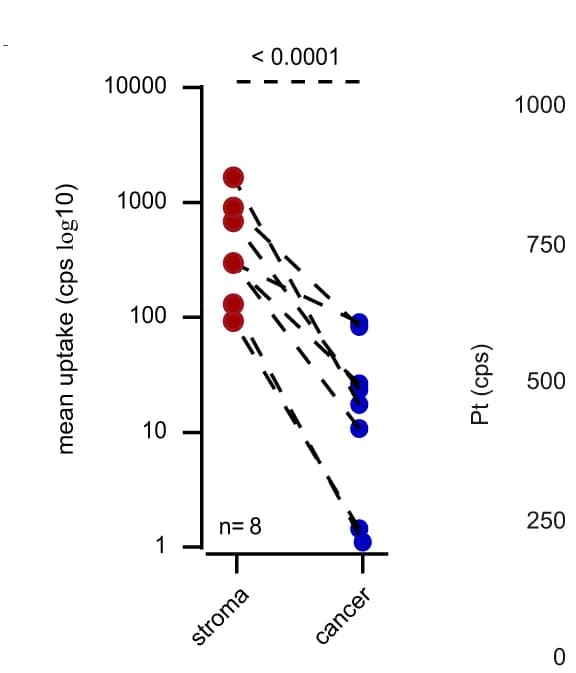 Open access visualization of Scatter Plot, Stromal Uptake, Cancer Uptake, Platinum Uptake, CRC Patients