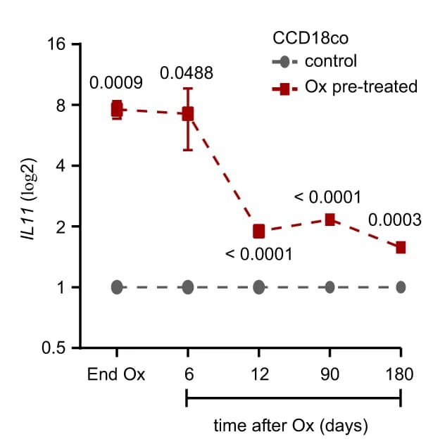 Open access visualization of Line Plot, Error Bars, IL11, CCD-18Co, Oxaliplatin