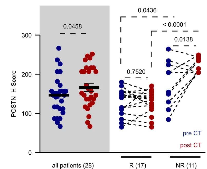 Open access visualization of Scatter Plot, Line Plot, Protein expression, POSTN protein, Tumor samples