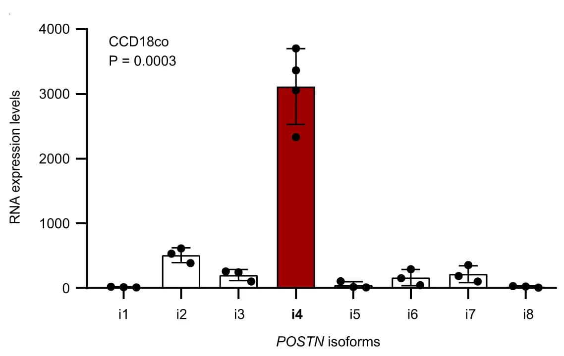 Open access visualization of Bar Plot, Error Bars, POSTN Isoforms, CCD-18Co, Oxaliplatin