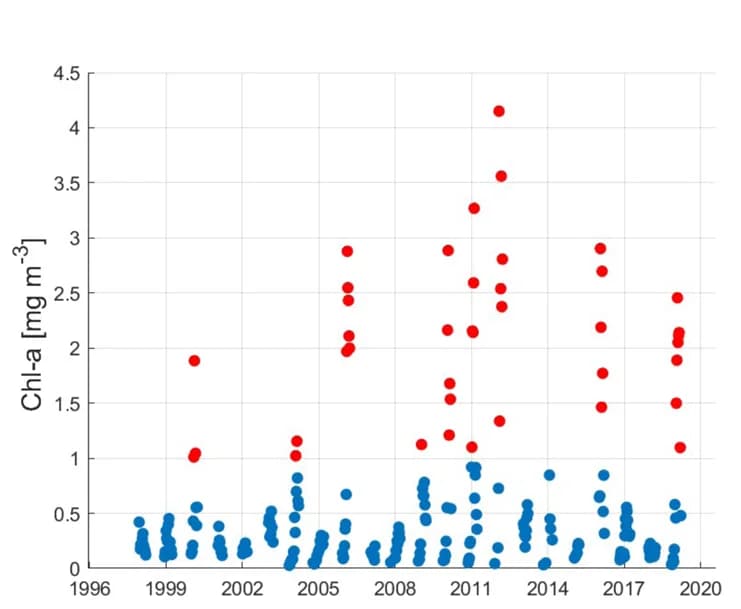 Open access visualization of Scatter Plot, Chl a, Satellite Data, Bloom Occurrences