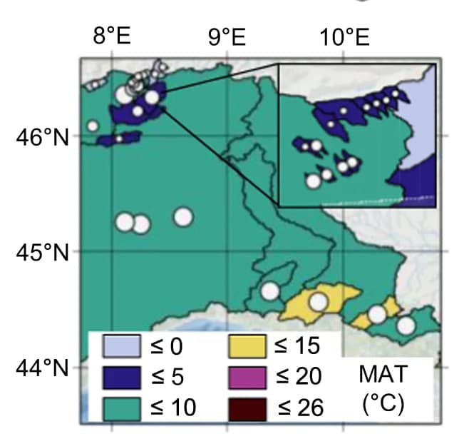 Open access visualization of Geo Map, Switzerland, Northern Italy, Catchments, Mean Annual Temperature