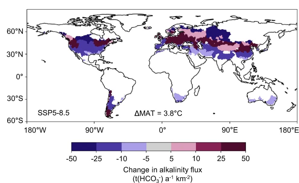 Open access visualization of Geo Map, Alkalinity Flux, Temperature Band, Catchments, SSP5-8.5