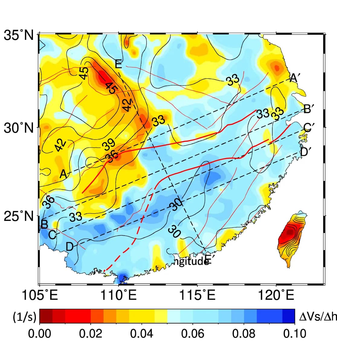 Open access visualization of Geo Map, Positions, Vs gradients, Moho, South China