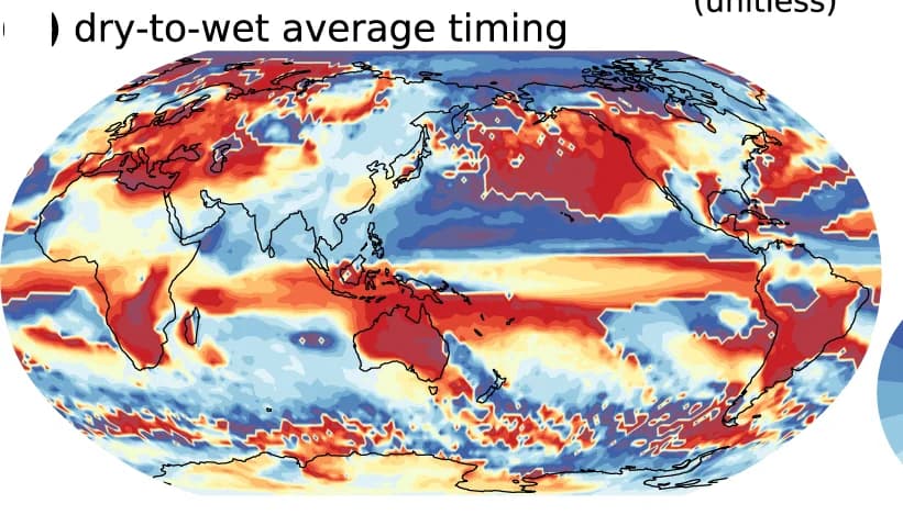 Open access visualization of Geo Map, Climatology, Average occurrence timing, Dry-to-wet whiplash, CESM-LENS