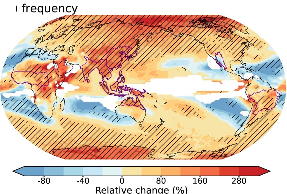 Open access visualization of Geo Map, Occurrence frequency, RCP8.5 forcing, CESM-LENS ensemble, Whiplash events