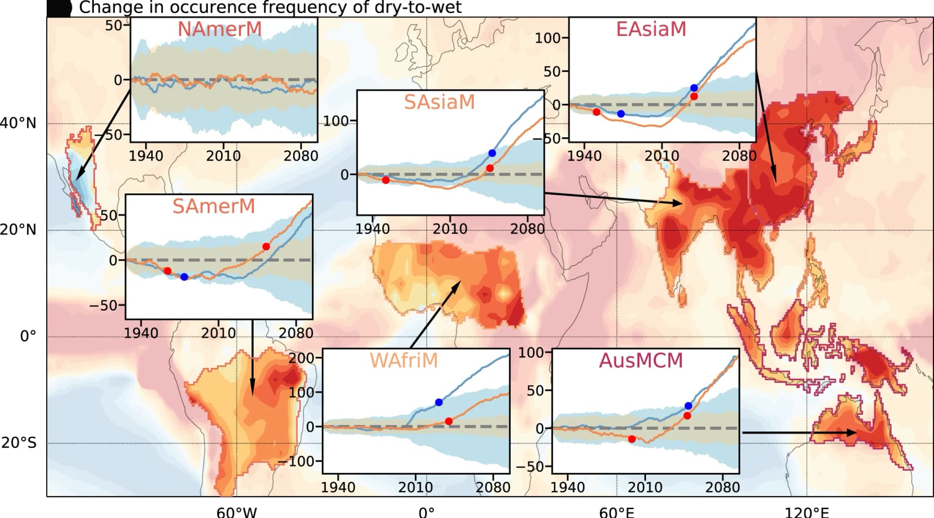 Open access visualization of Geo Map, Line Plot, Line, Error Bars, Dry-to-wet Whiplash