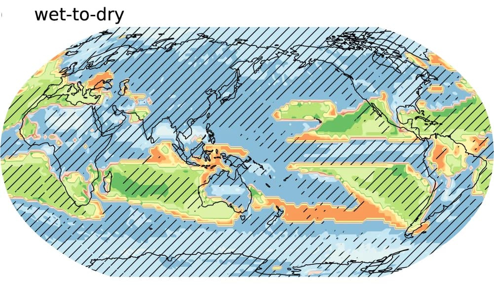Open access visualization of Geo Map, Ensemble Mean, Occurrence Frequency, Dry-to-wet Whiplash, Wet-to-dry Whiplash