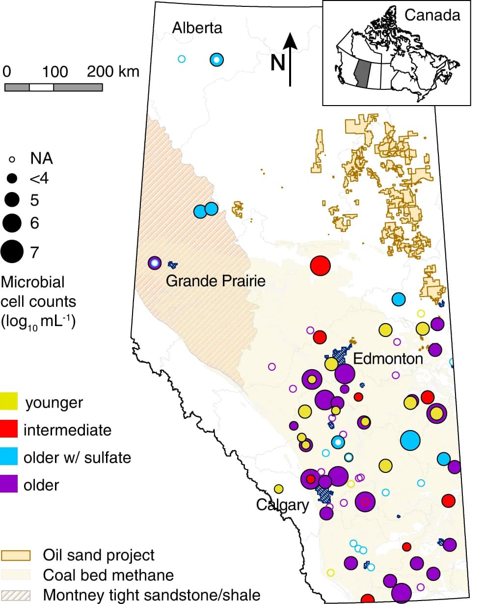 Open access visualization of Geo Map, Groundwater Wells, Energy Resources, Groundwater Age, Microbial Cell Numbers