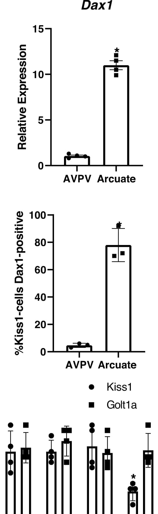 Open access visualization of Bar Plot, Error Bars, Clustered, Dax1 expression, Arcuate hypothalamus