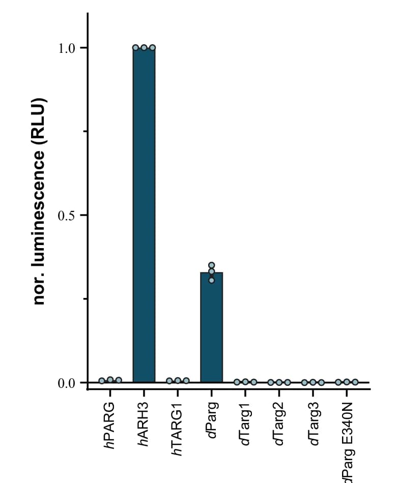 Open access visualization of Bar Plot, Hydrolase Activity, Hydrolases, Synthetic Histone H2B Peptide, Mono-Ser-ADPr