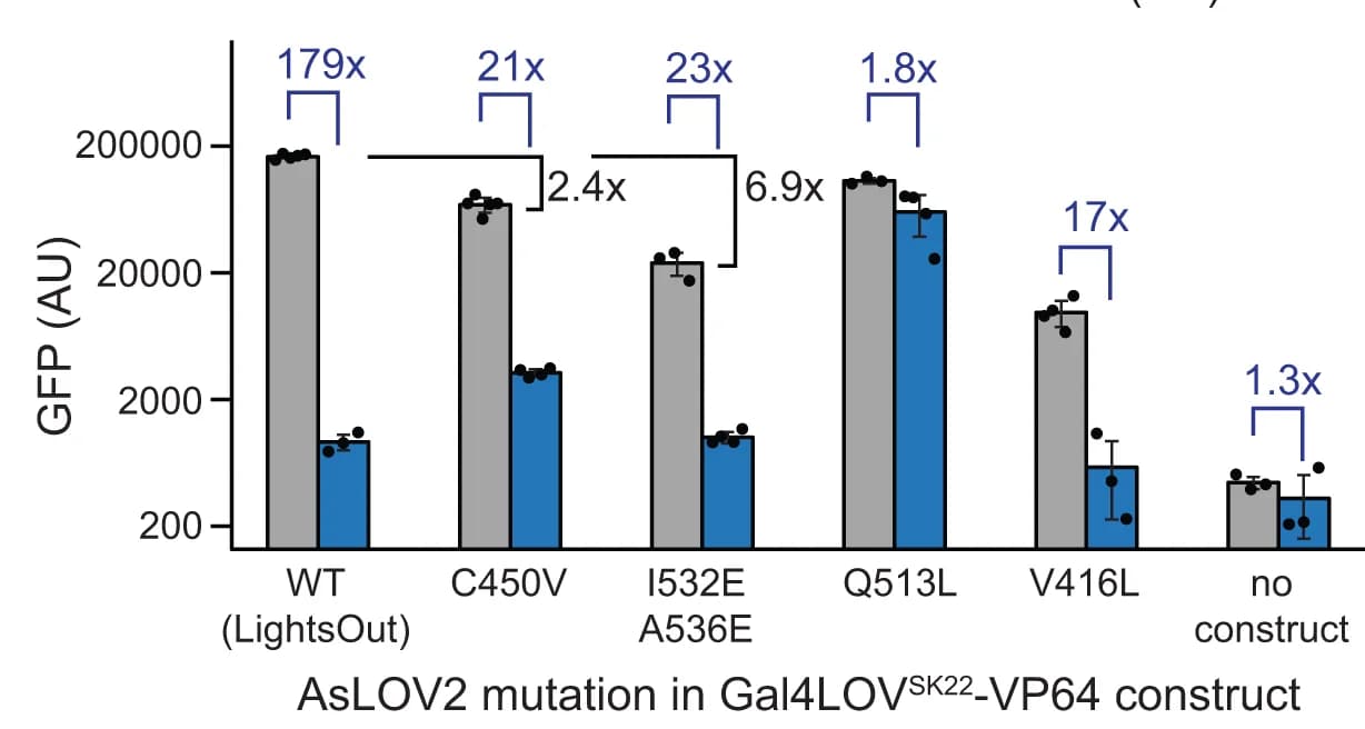 Open access visualization of Bar Plot, Error Bars, Clustered, GFP Expression, 293-LPR Cells