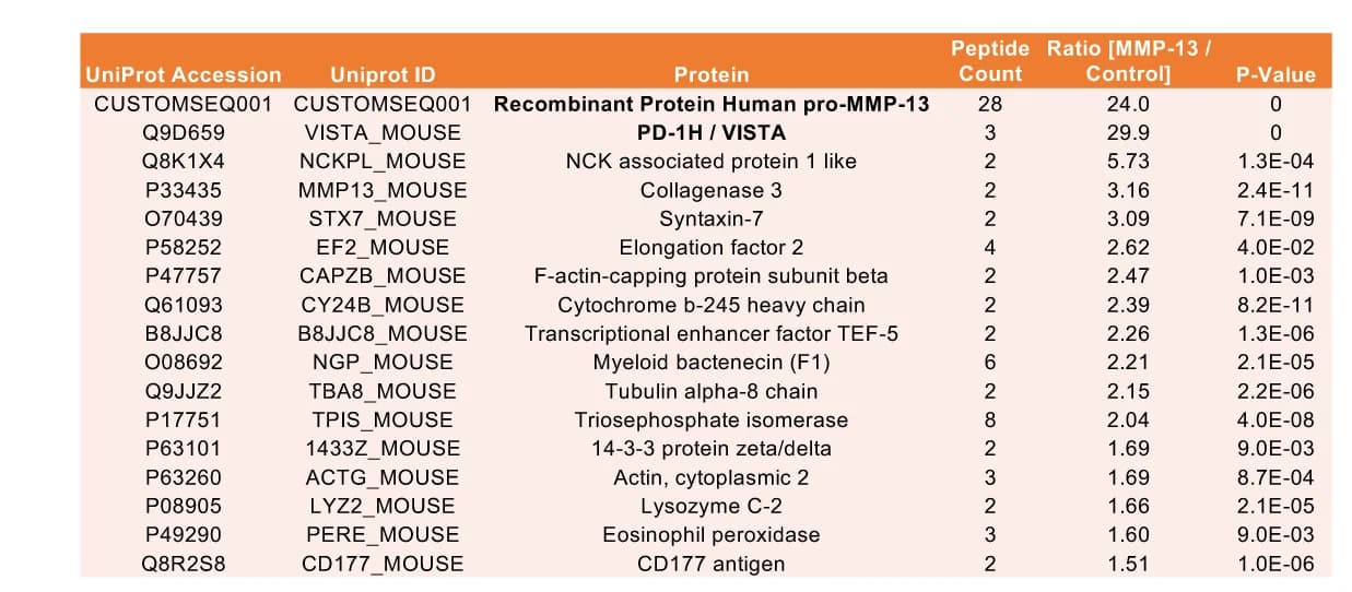 Open access visualization of Table Image, PD-1H, MMP-13, BSA, Pull-down assay