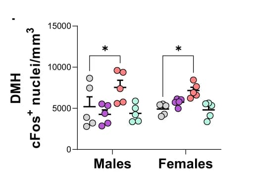 Open access visualization of Scatter Plot, Error Bars, cFos Expression, DMH, Dunnett’s Post Hoc Comparison