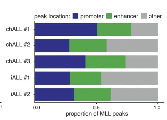 Open access visualization of Stacked Bar Plot, MLL peaks, Promoters, Enhancers, Patient Sample