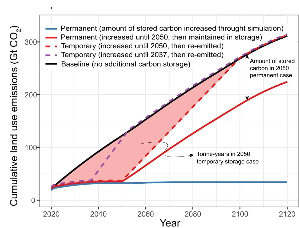 Open access visualization of Line Plot, Cumulative Land-Use CO2 Emissions, Carbon Removal, Temporary Storage, Permanent Storage