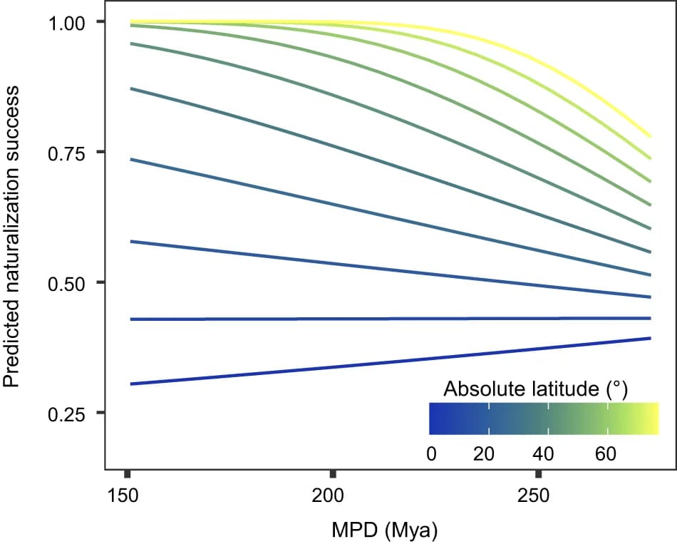 Open access visualization of Line Plot, Phylogenetic distance, Naturalized alien flora, Native species, Naturalization probability