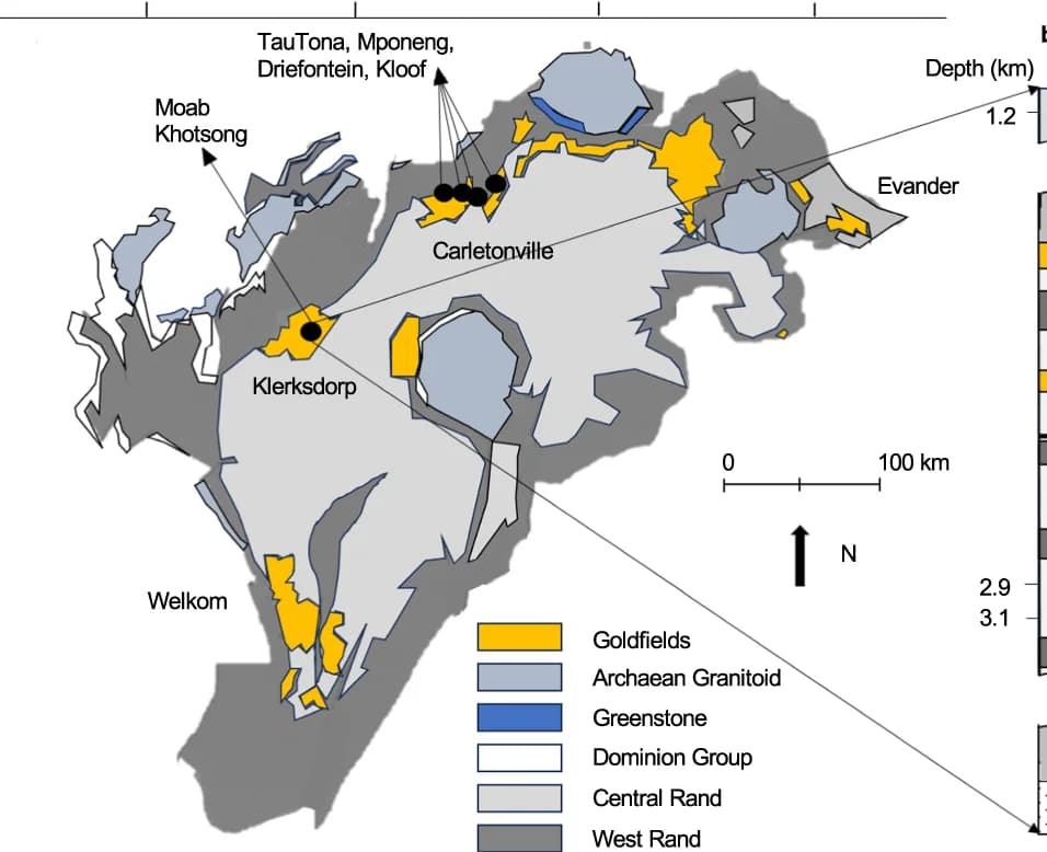 Open access visualization of Geo Map, Moab Khotsong Mine, Carltonville Mines, Witwatersrand Basin, South Africa