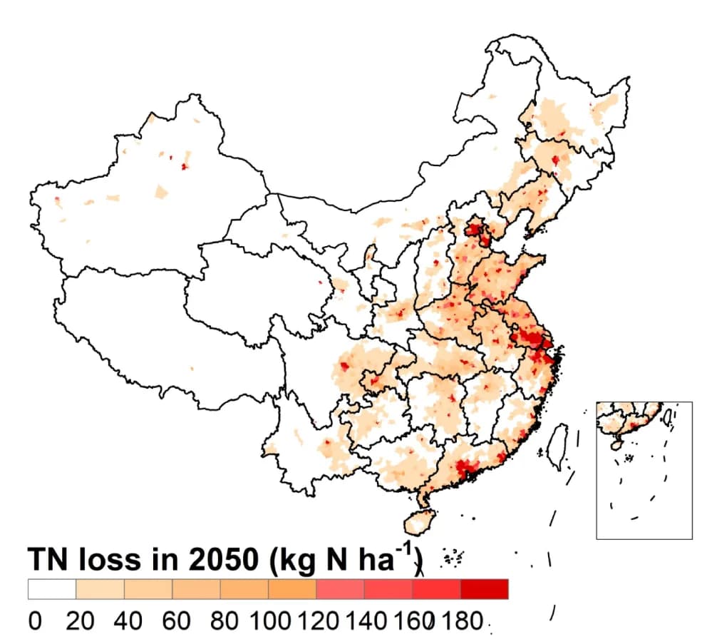 Open access visualization of Geo Map, Predicted TN Losses, 2050, Urbanization