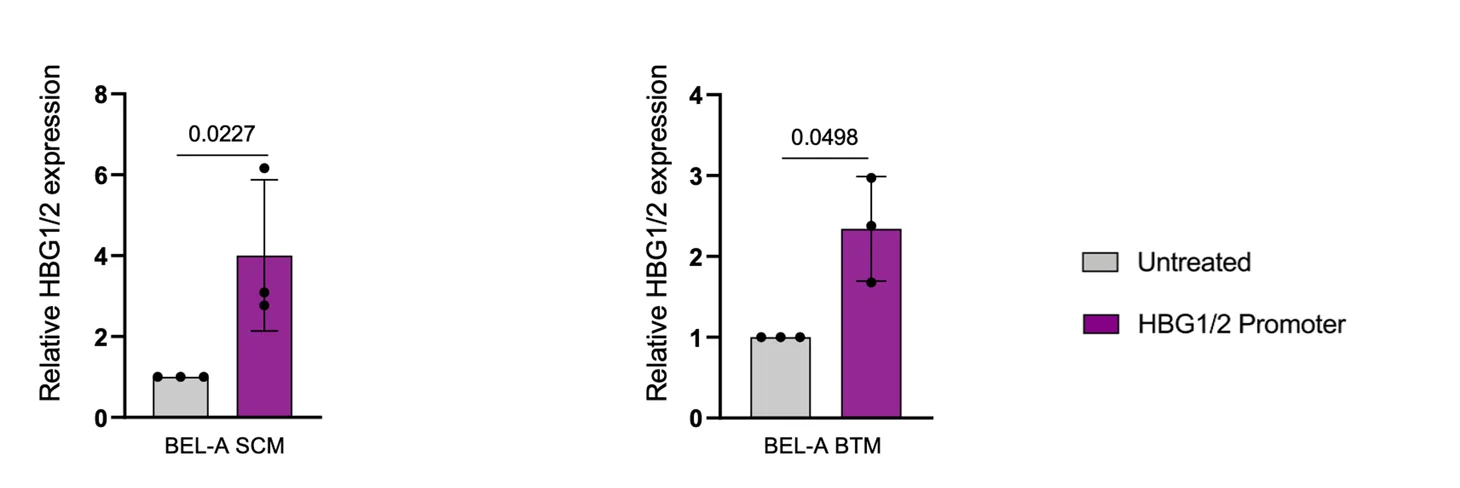 Open access visualization of Bar Plot, Error Bars, Relative HBG1/2 Gene Expression, HBG1/2 Promoter Editing, BEL-A SCM Cells