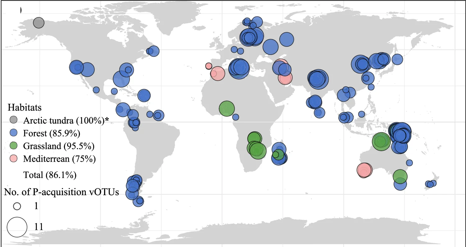Open access visualization of Geo Map, Bubble Plot, Sampling Sites, Soil Study, P-acquisition vOTUs