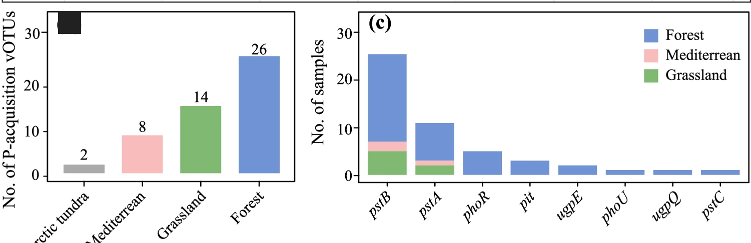 Open access visualization of Bar Plot, Stacked Bar Plot, Histograms, P-acquisition vOTUs, Habitat Types