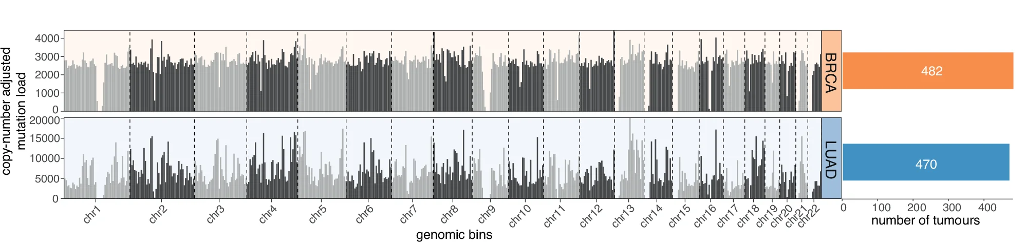Open access visualization of Bar Plot, Histogram, Copy Number Adjusted Mutation Load, Genomic Bins, Breast Carcinomas