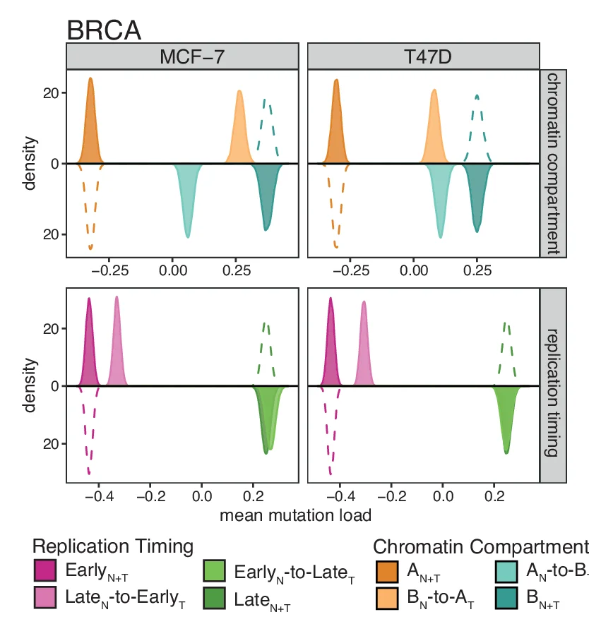 Open access visualization of Density Plot, Line Plot, Mutation Load, Breast Carcinoma Tumors, Chromatin Compartments