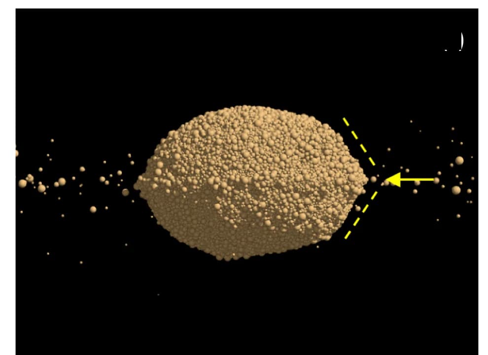 Open access visualization of 3D Plot, Soft-Sphere Discrete Element Simulation, Didymos, Rubble Pile, Mass Movement