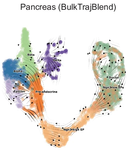 Open access visualization of Scatter Plot, Line Plot, Pancreas Dataset, Velocity Stream, Cell Dropouts