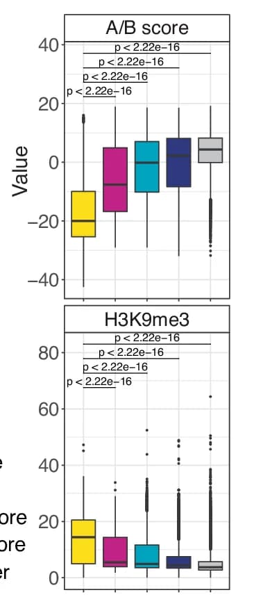 Open access visualization of Box Plot, A/B Compartment Score, H3K9me3, ChIP-seq, Genomic Bins