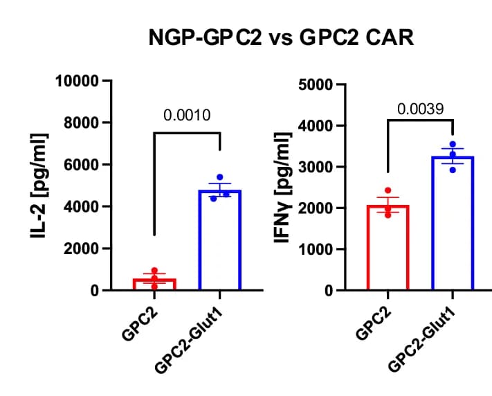 Open access visualization of Bar Plot, Error Bars, CAR T Cells, NGP-GPC2, IL-2 Secretion