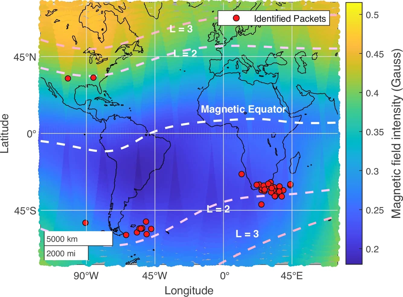 Open access visualization of Geo Map, Bouncing Packet, Magnetic Field Strength, L-Shell Contours, Geographic Locations