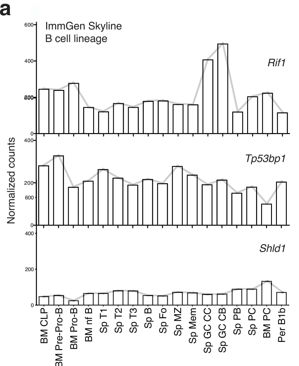 Open access visualization of Bar Plot, Line Plot, Gene expression, B cell lineage, Rif1