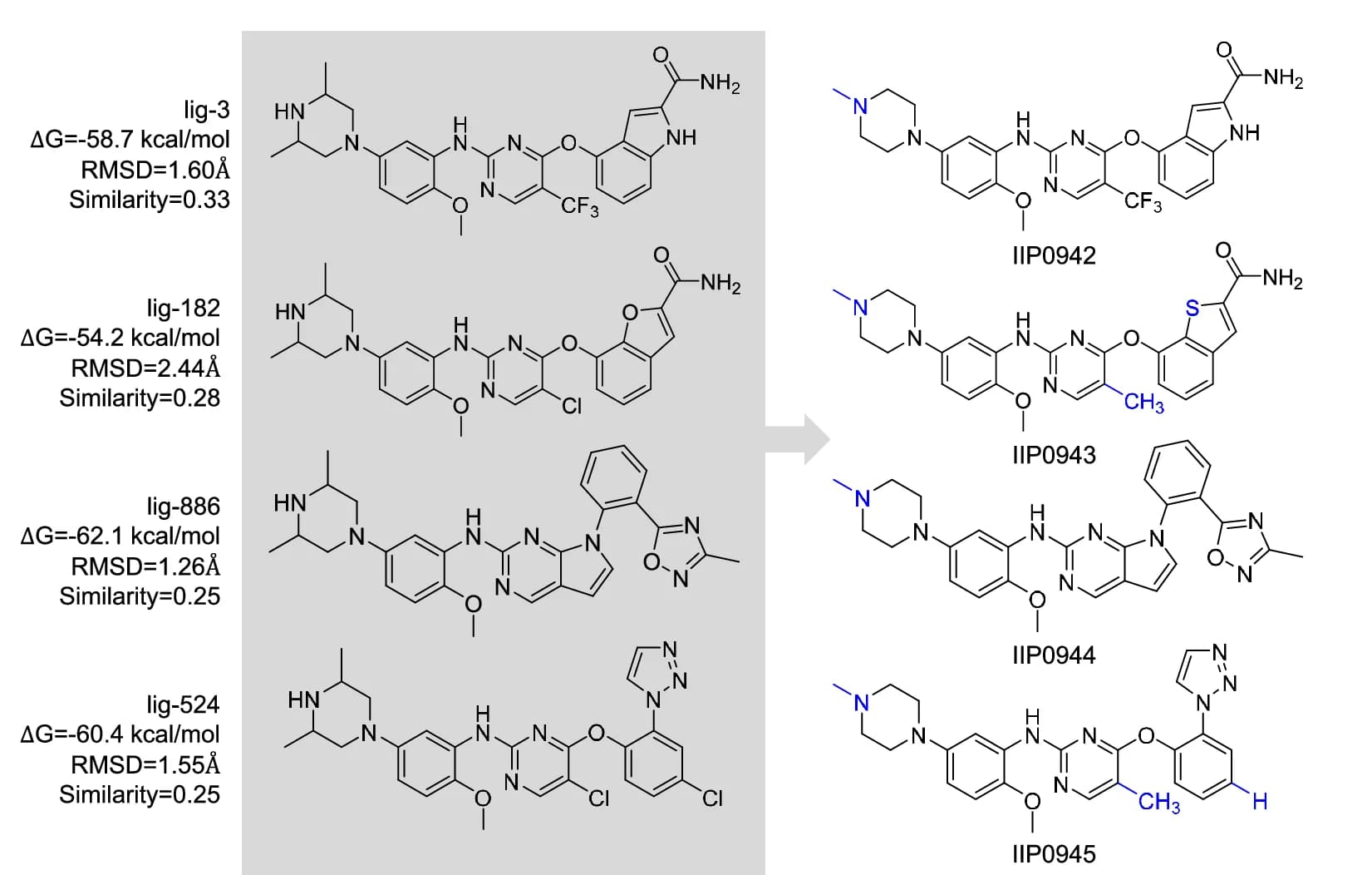 Open access visualization of Chemical Structure, TransPharmer, Designed Structures, Synthesized Structures, Experimental Validation