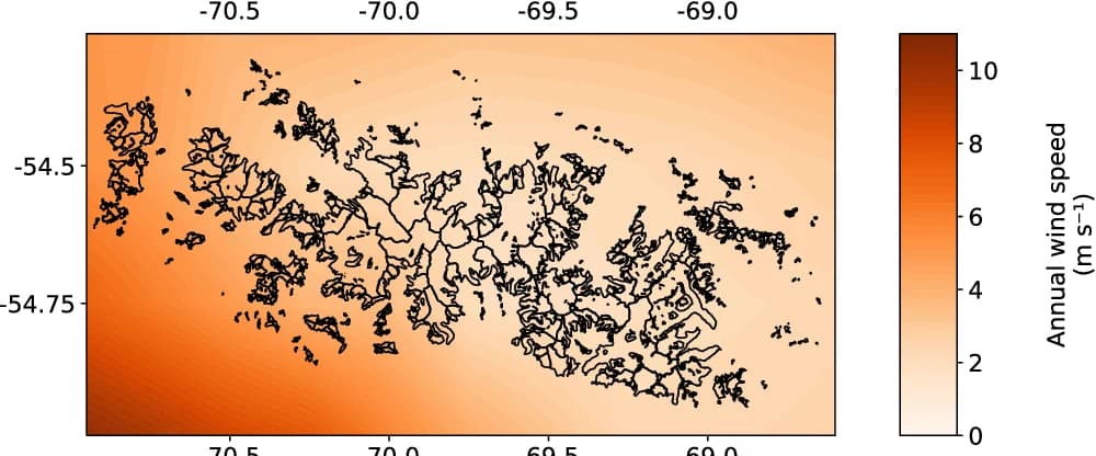 Open access visualization of Geo Map, Wind Speed, ERA5 Reanalysis Data, Cordillera Darwin Icefield, Glacier Extent
