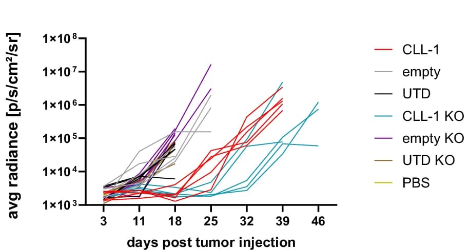 Open access visualization of Line Plot, Bioluminescence Imaging, U937 Histiocytic Lymphoma, NSG Mice, TRAC-KO CAR T Cells