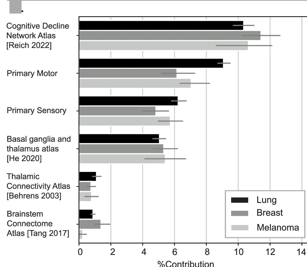 Open access visualization of Bar Plot, Error Bars, Brain Metastasis Lesions, MNI Population, Functional Maps
