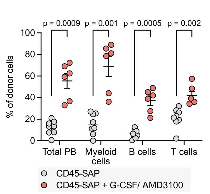 Open access visualization of Scatter Plot, Error Bars, HSCs, PB Reconstitution, Aged Hosts