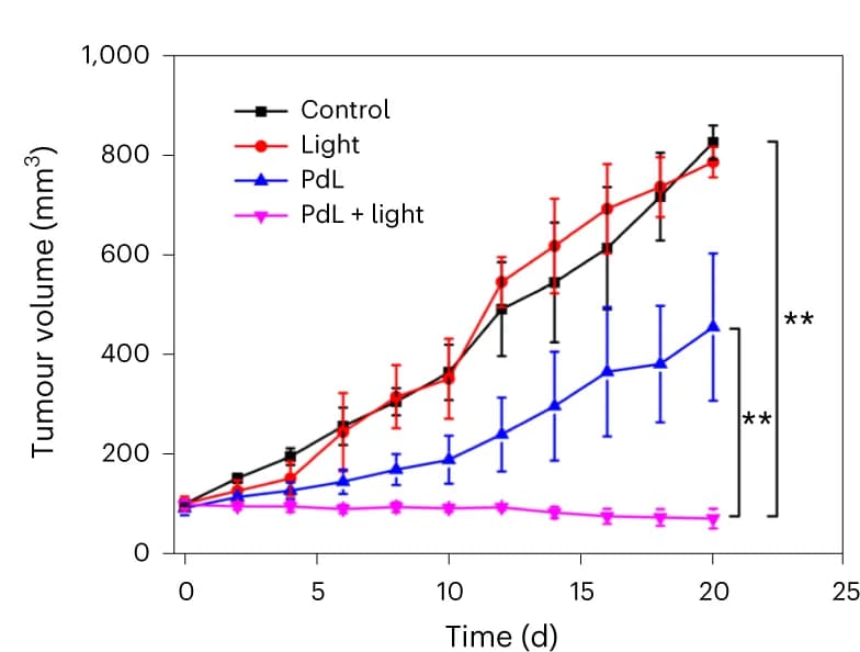 Open access visualization of Line Plot, Error Bars, A375 tumour growth inhibition, Tail intravenous injection, ANOVA
