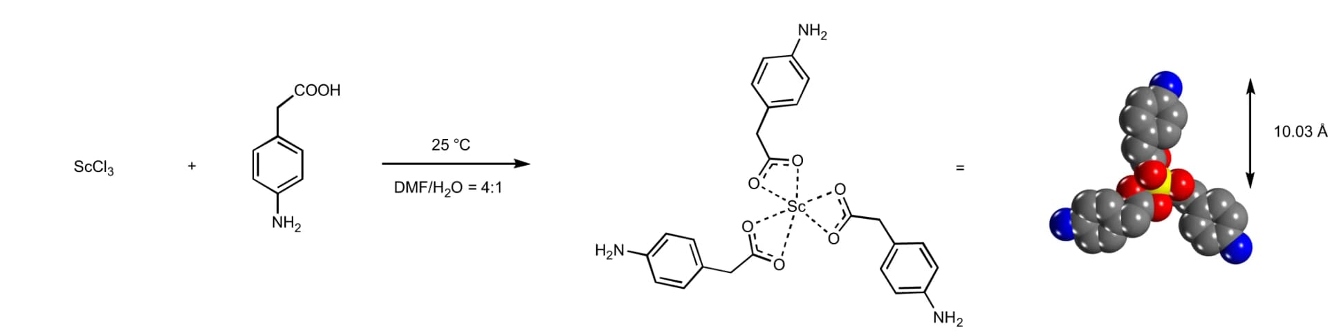 Open access visualization of Chemical Structure, Sc-COF, 4-aminophenylacetate, Ligand, Scandium Complex