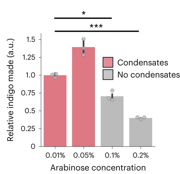 Open access visualization of Bar Plot, Error Bars, Clustered, Indigo Production, HERD-2.2-GFP
