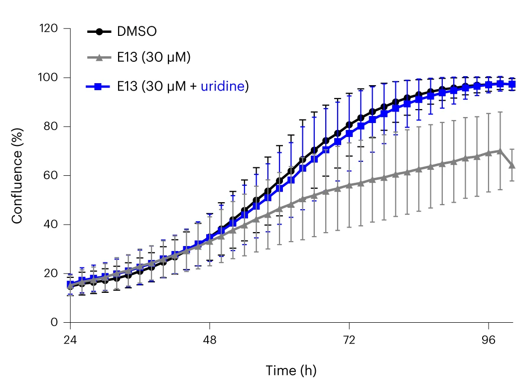 Open access visualization of Line Plot, Error Bars, Uridine Rescue Assay, HCT116 Cells, E13