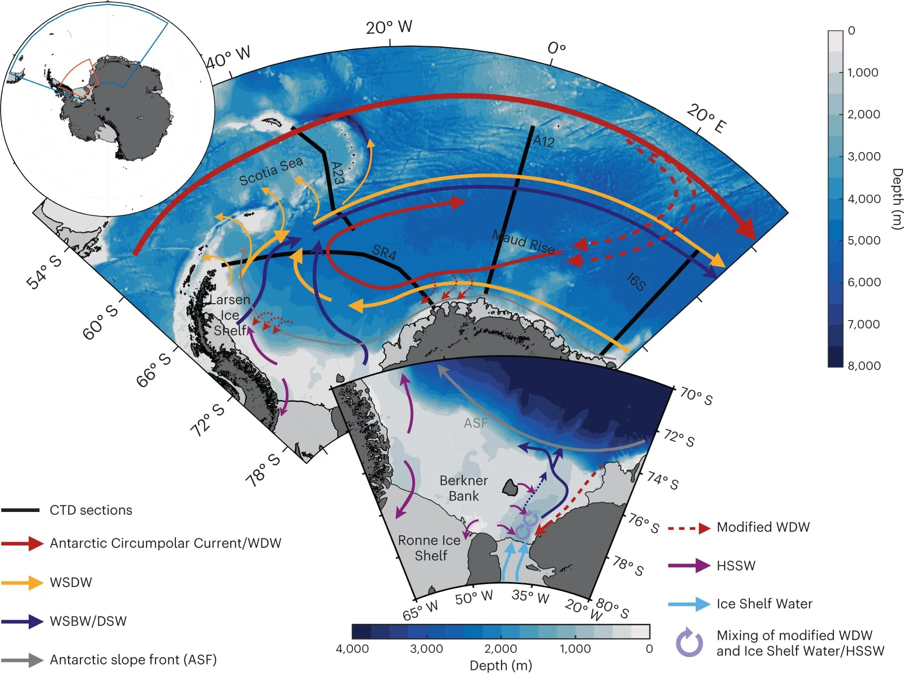 Open access visualization of Geo Map, Weddell Sea, Weddell Gyre, Water Masses, Antarctic Circumpolar Current